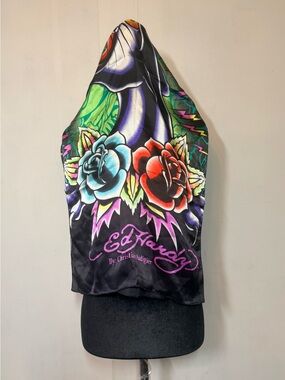 Ed Hardy Black Silk Scarf with Red and Blue Rose Motif